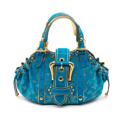 Sac Théda en daim et cuir exotique Monogram bleu turquoise